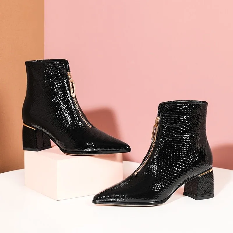 Glossy Serpent Leather Zipper Ankle Boots