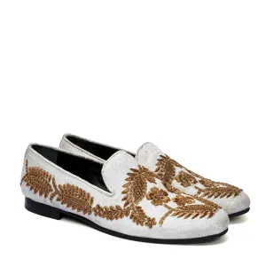 Golden Floral Knitting Hand Zardosi White Slip-On