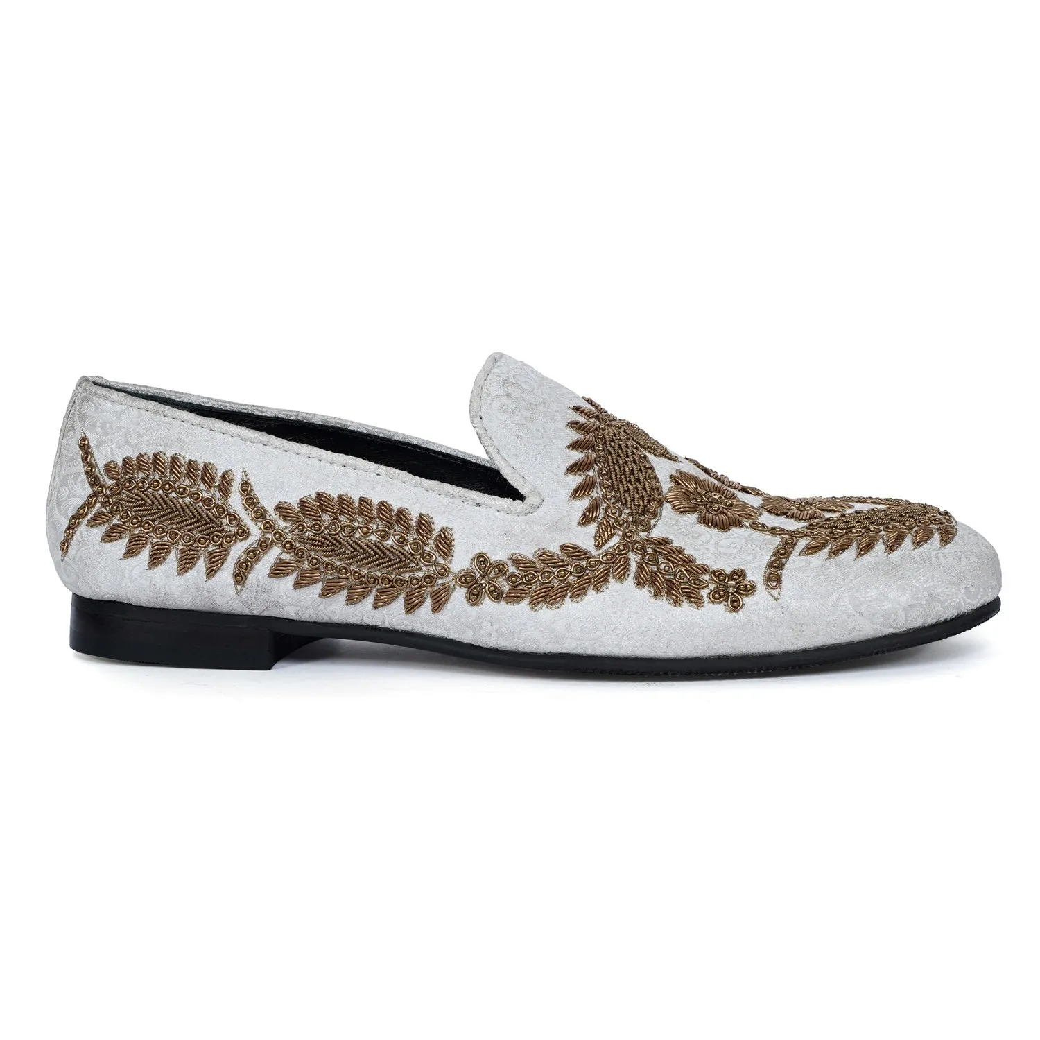 Golden Floral Knitting Hand Zardosi White Slip-On