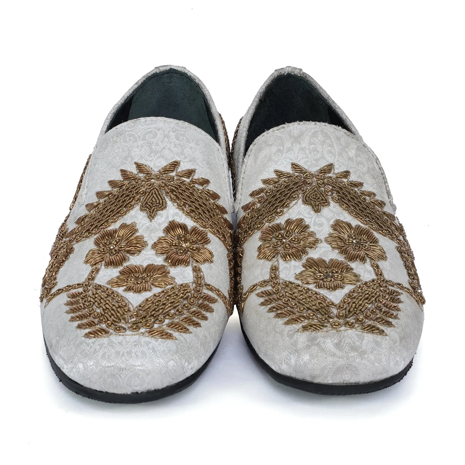 Golden Floral Knitting Hand Zardosi White Slip-On