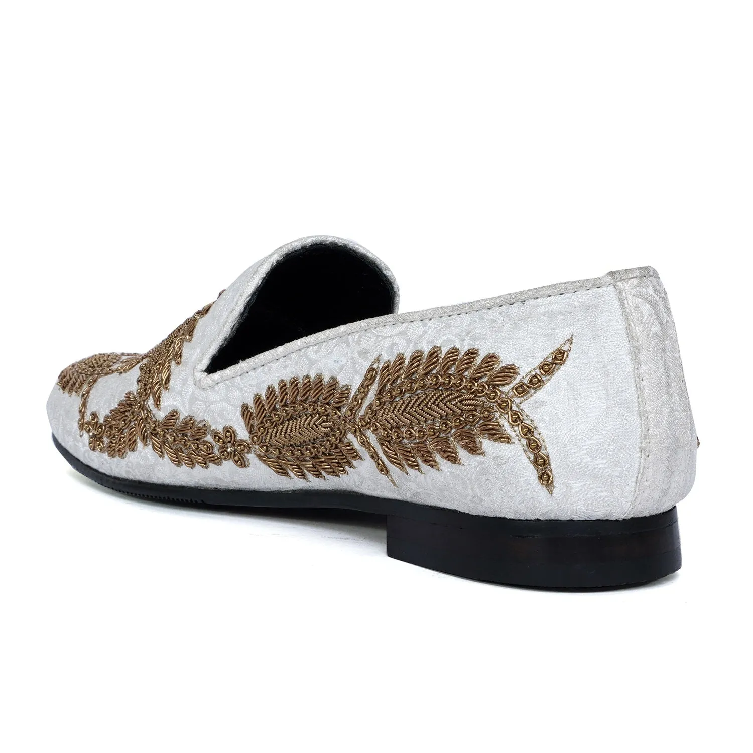 Golden Floral Knitting Hand Zardosi White Slip-On