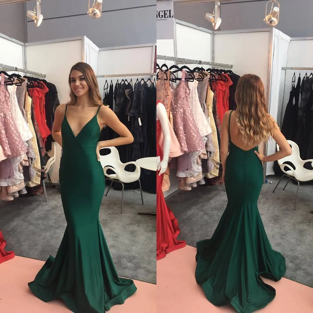 Green Mermaid Spaghetti Straps Satin Backless Long Prom/Formal Dress PG942