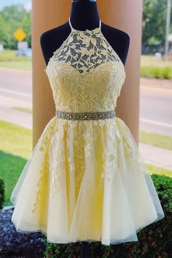 Halter Appliqued Yellow Homecoming Dress Short Prom Dress with Beading Belt PD323