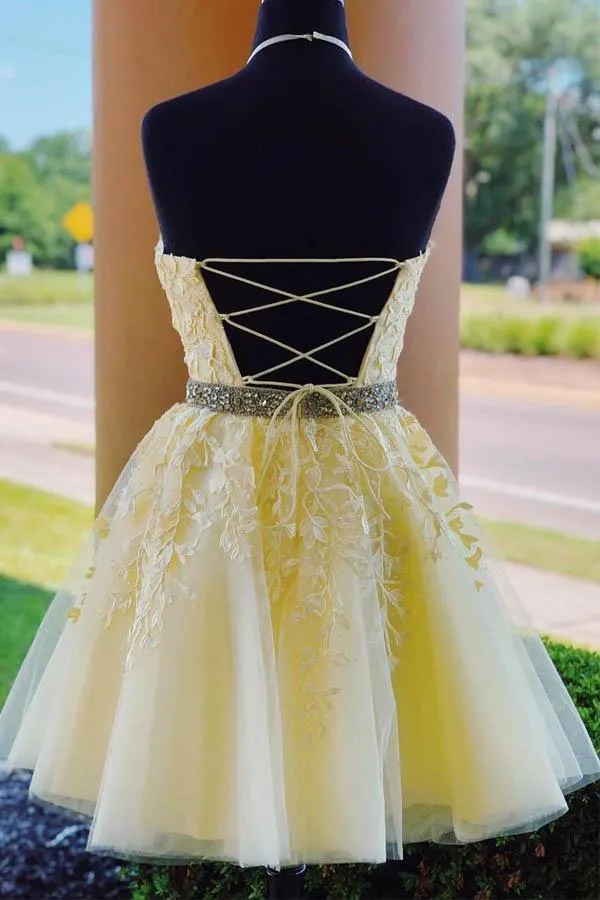 Halter Appliqued Yellow Homecoming Dress Short Prom Dress with Beading Belt PD323