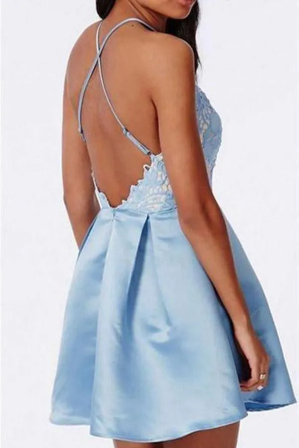 Halter Backless Lace Satin Blue Homecoming Dresses Short Prom Dress  PD270