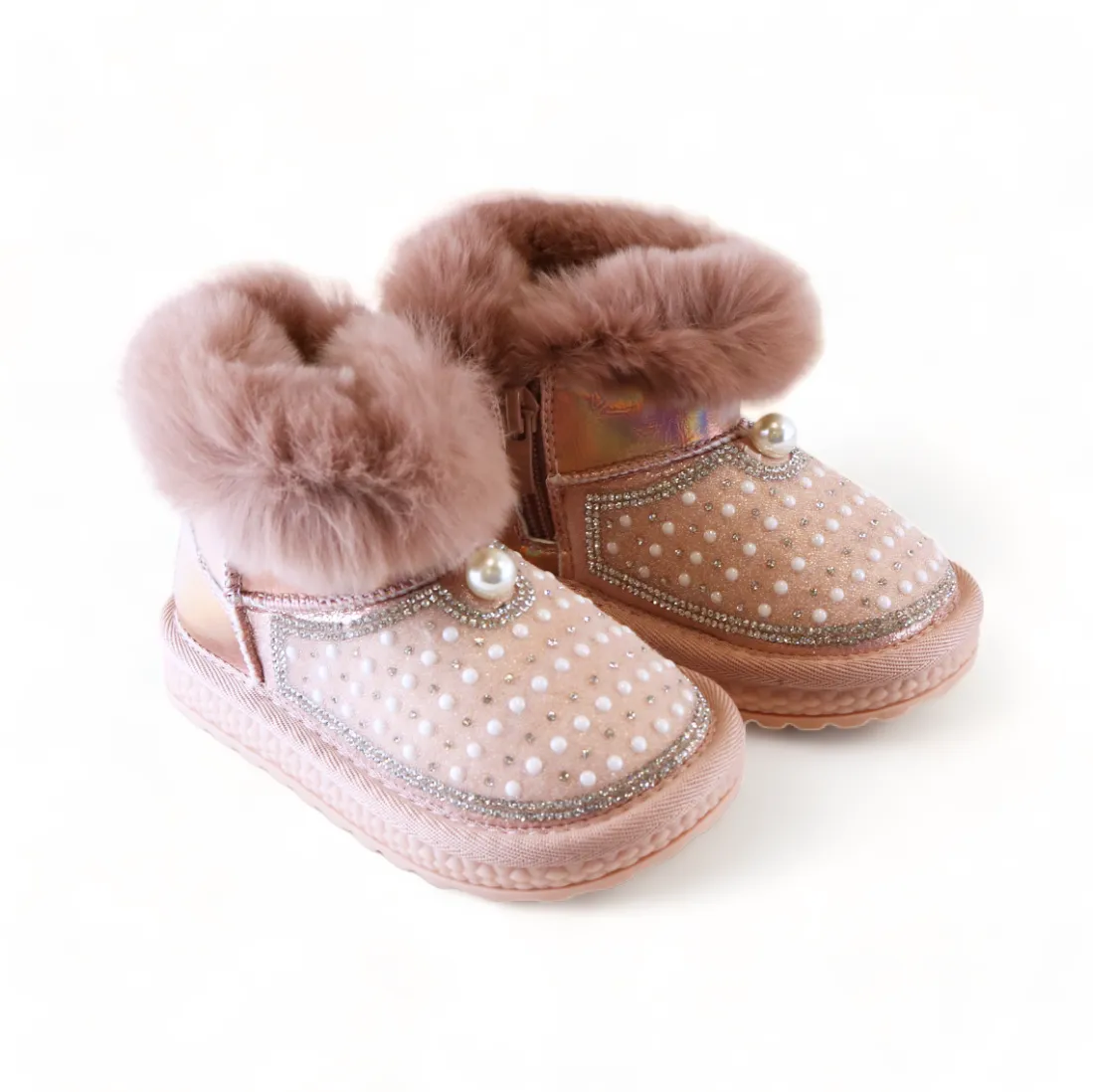 Handcraft Rhinestone & Pearl Furry Boot - Pink