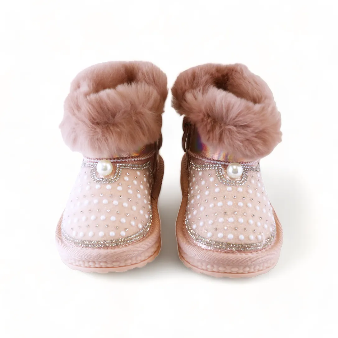 Handcraft Rhinestone & Pearl Furry Boot - Pink