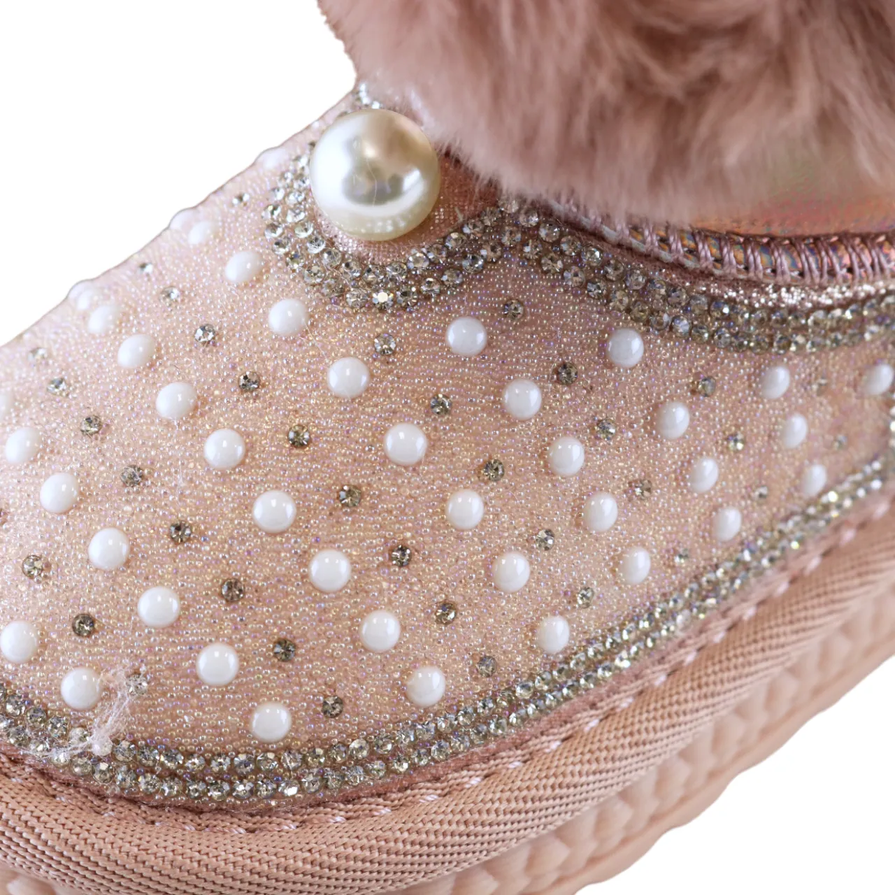 Handcraft Rhinestone & Pearl Furry Boot - Pink