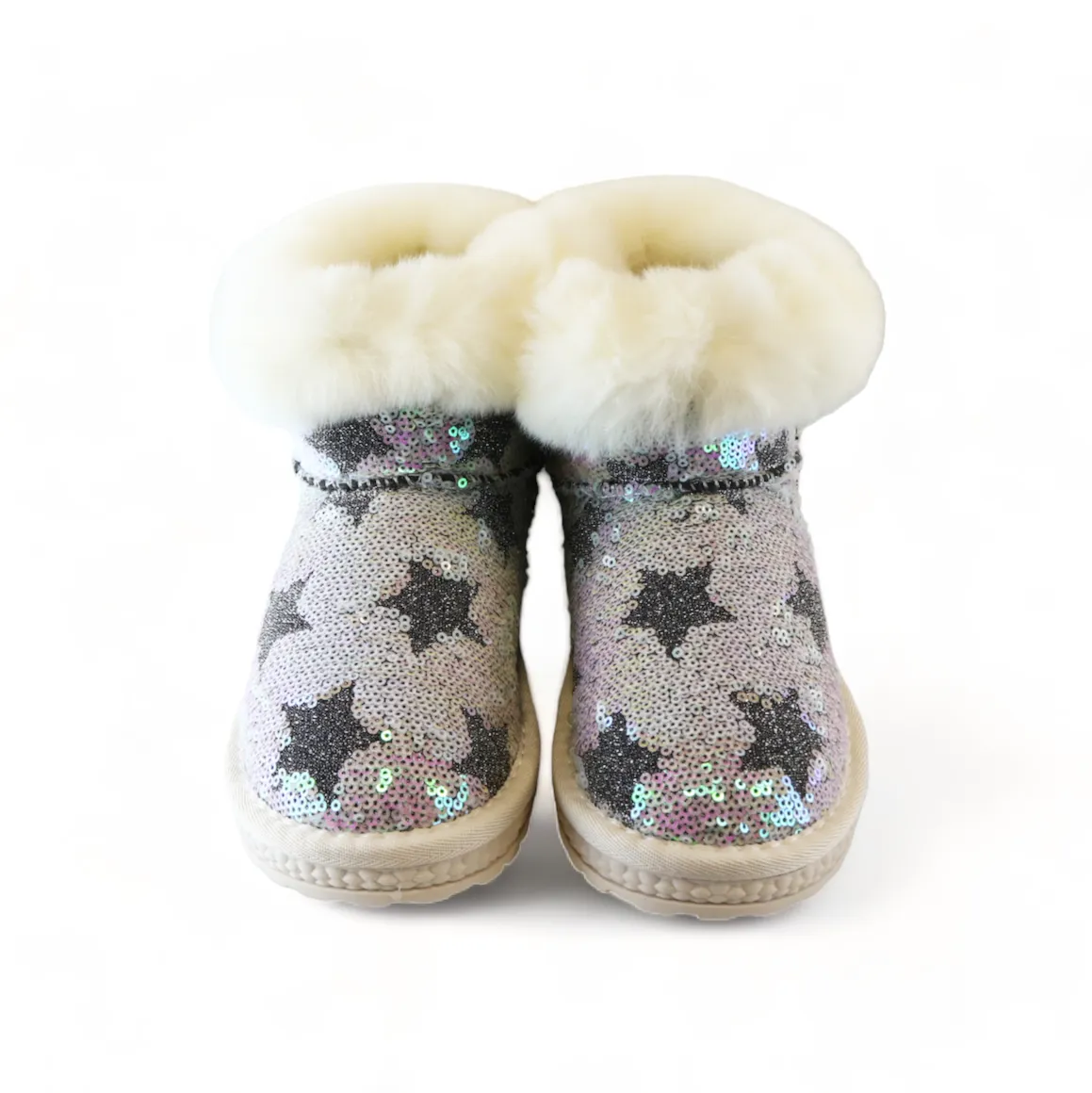 Handcrafted Sequin Star Furry Boot - Ivory