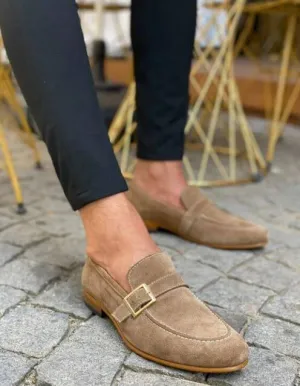 Handmade Beige Suede Leather Single Monk Shoes for Men, Men Monk Shoes, Loafer Shoes, Business Casual Shoes