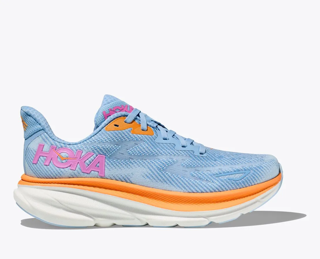 Hoka Women's Clifton 9 Running Shoe in Gull/Sea Ice, Vanilla/Astral, Black/Stellar Blue, Chalk Violet, Airy Blue, White & Black/Rose Gold Available in Wide Widths