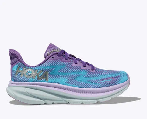 Hoka Women's Clifton 9 Running Shoe in Gull/Sea Ice, Vanilla/Astral, Black/Stellar Blue, Chalk Violet, Airy Blue, White & Black/Rose Gold Available in Wide Widths