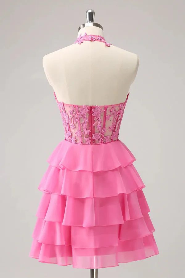 Hot Pink A Line Strapless Tiered Corset Cute Homecoming Dress PD551