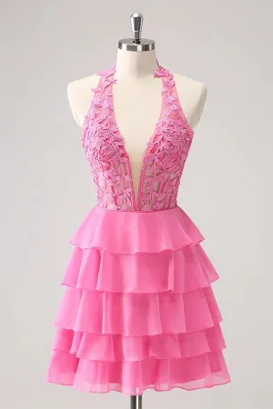 Hot Pink A Line Strapless Tiered Corset Cute Homecoming Dress PD551