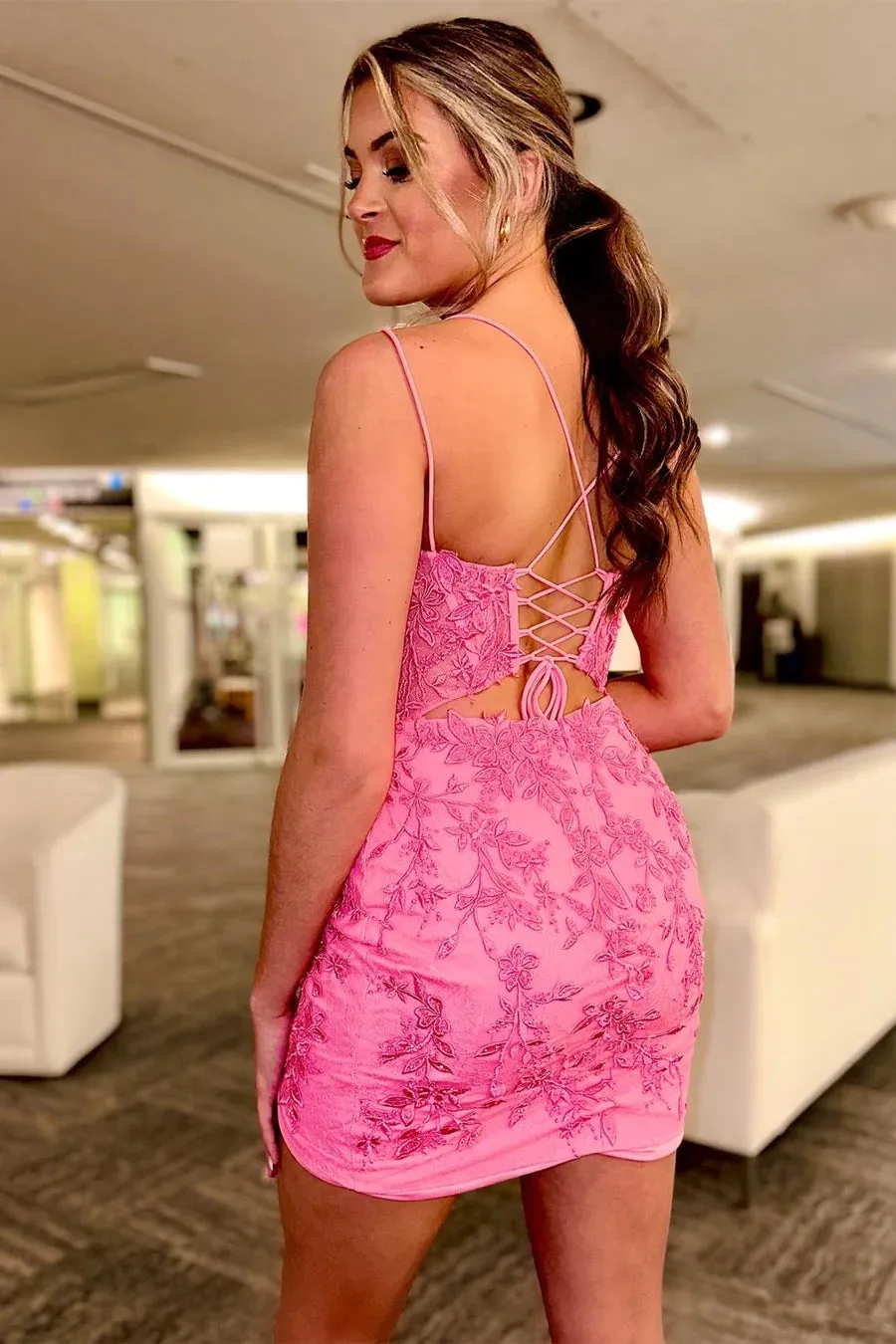 Hot Pink Appliques Plunge V Lace-Up Short Homecoming Dresses PD483