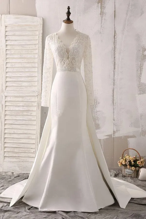 Ivory Lace and Satin V-neck Long Sleeve Beaded Wedding Dress WD144