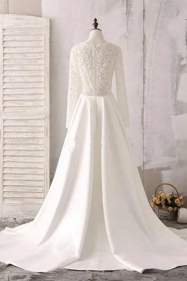 Ivory Lace and Satin V-neck Long Sleeve Beaded Wedding Dress WD144