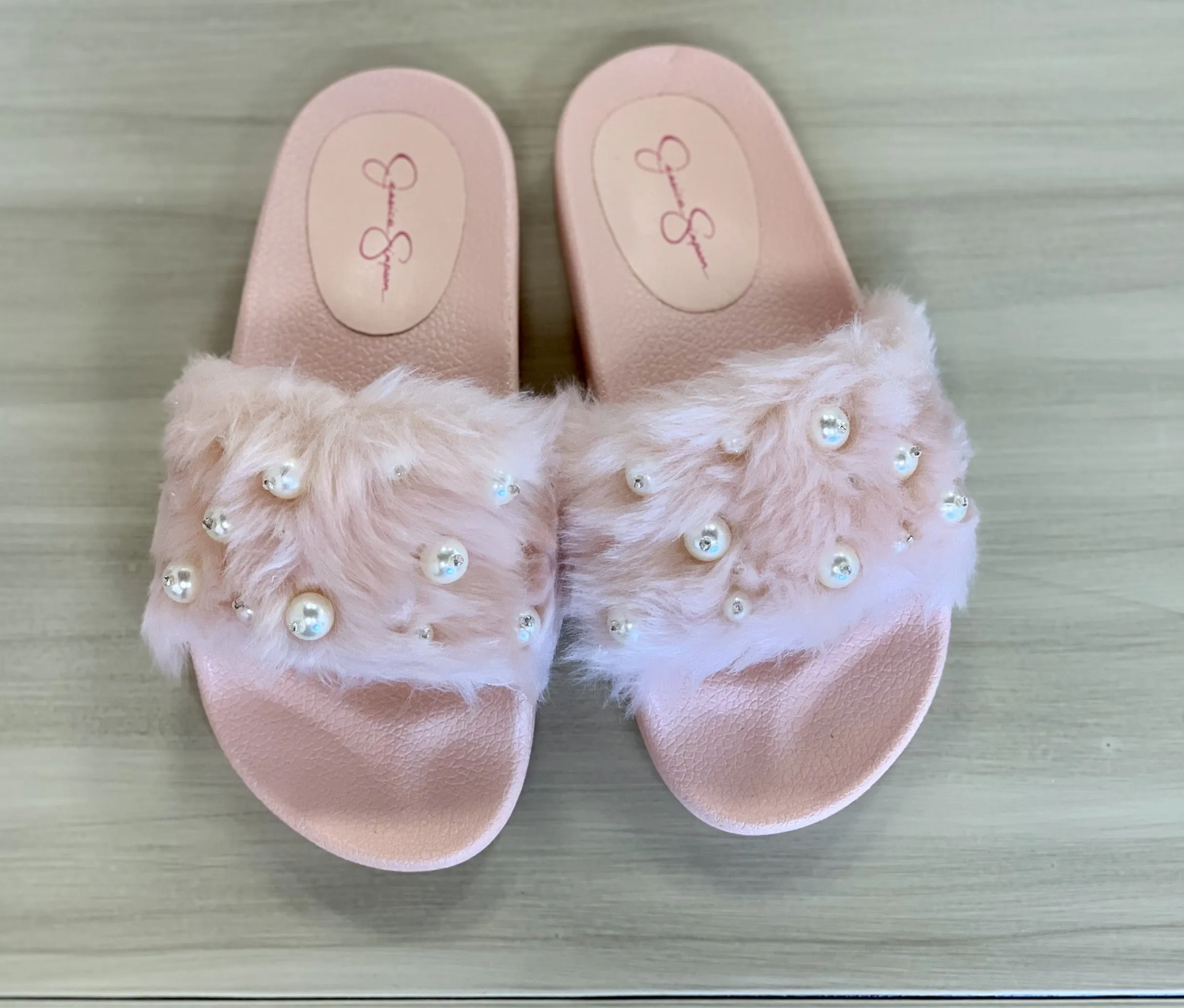 Jessica Simpson Pink Faux Fur Pink & Pearl Slides