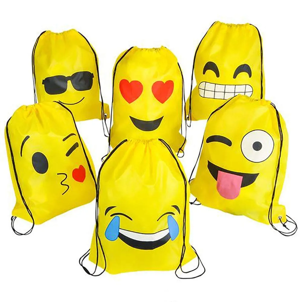 Kicko 16 x 13 Inch Drawstring Bag - 6 Pack of Assorted Emoticon Backpack for School, Gym