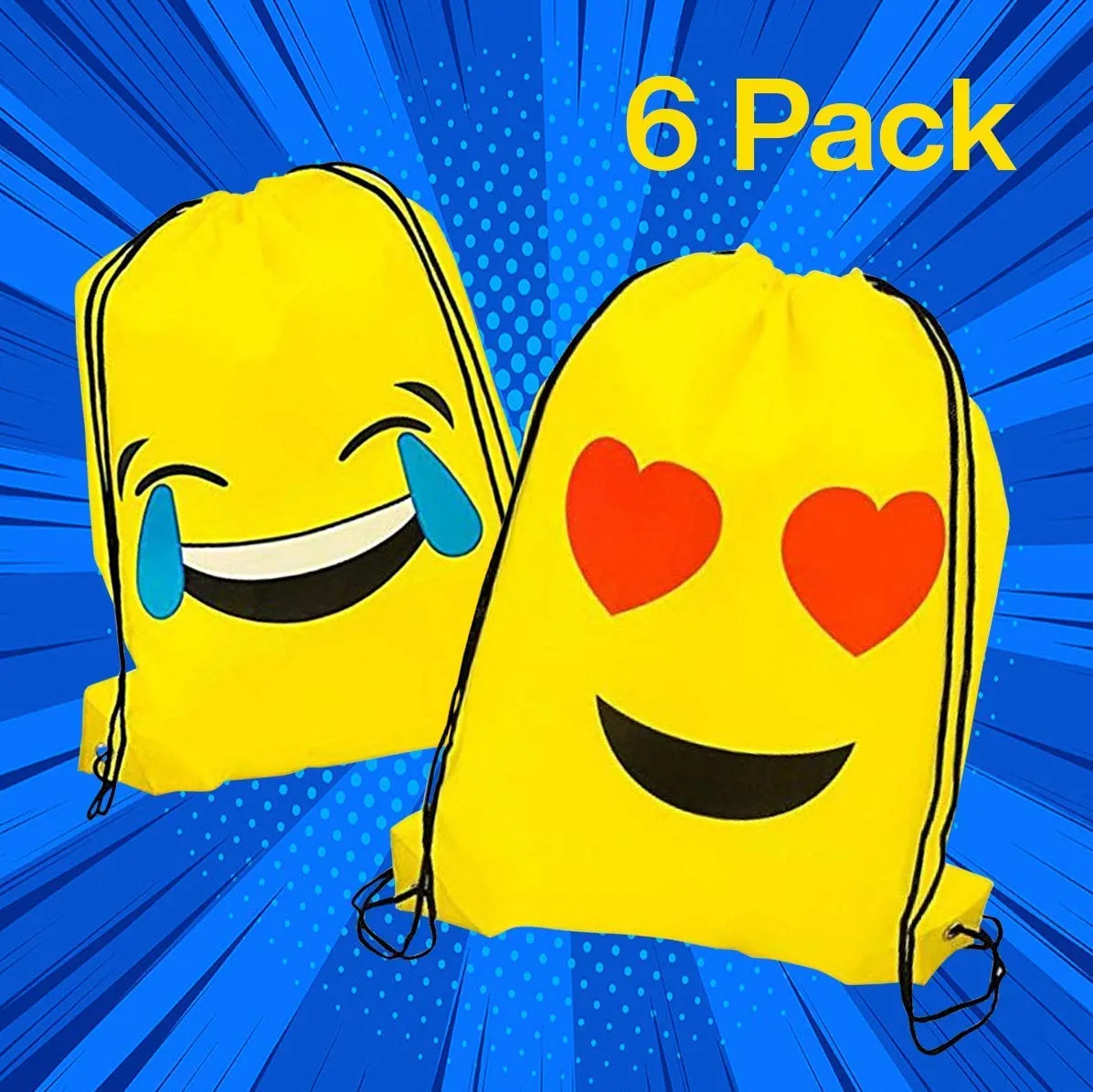 Kicko 16 x 13 Inch Drawstring Bag - 6 Pack of Assorted Emoticon Backpack for School, Gym