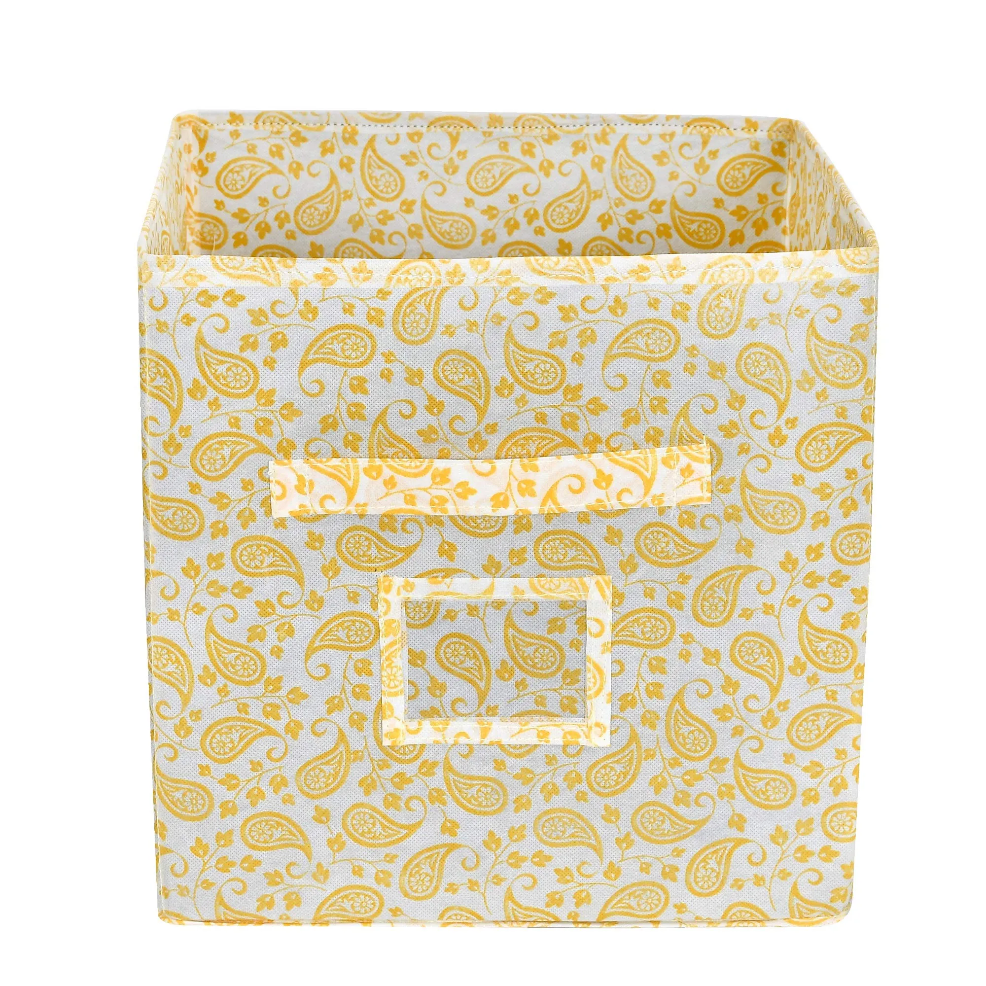 Kuber Industries Metalic Print Non Woven 3 Pieces Fabric Foldable Cubes Storage Box with Handle, Small (Gold)-KUBMART2104