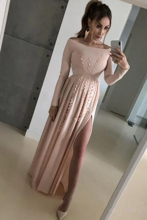 Long Sleeve Silver Prom Dresses Side Slit Blush Pink Lace Formal Dress PG778