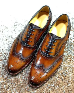 Men Wing tip Brogue, Oxford Leather Cognac Color Shoes