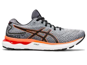 Men's Asics Gel-Nimbus 24, Sheet Rock/Shocking Orange, 11 2E Wide