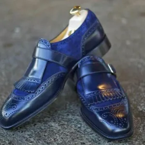 Mens Elegant Navy Blue Monk Shoes, Men Blue Fringe Dress Shoes