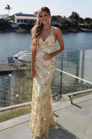 Mermaid Scoop Criss Cross Back Gold Prom Dress with Sequined PG609