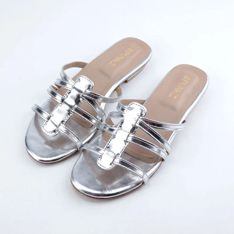 Metallic Shiny Leather Strap Flat Sandal for Women