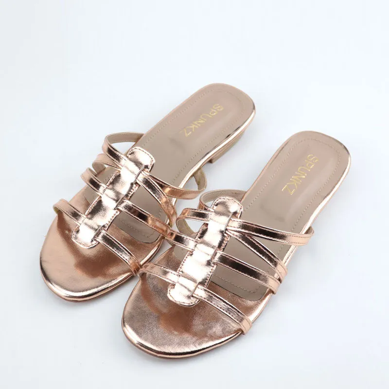 Metallic Shiny Leather Strap Flat Sandal for Women