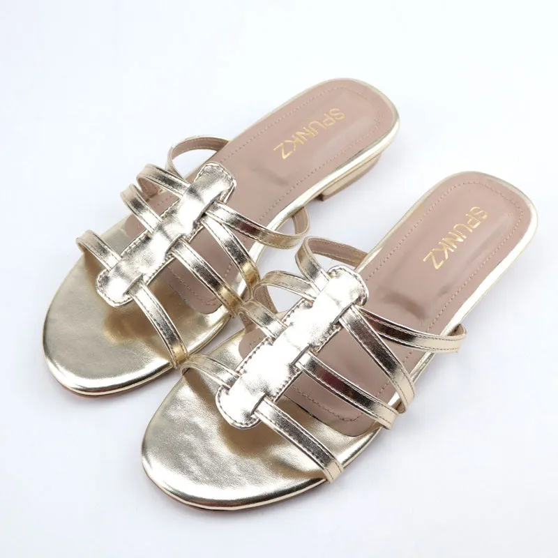 Metallic Shiny Leather Strap Flat Sandal for Women