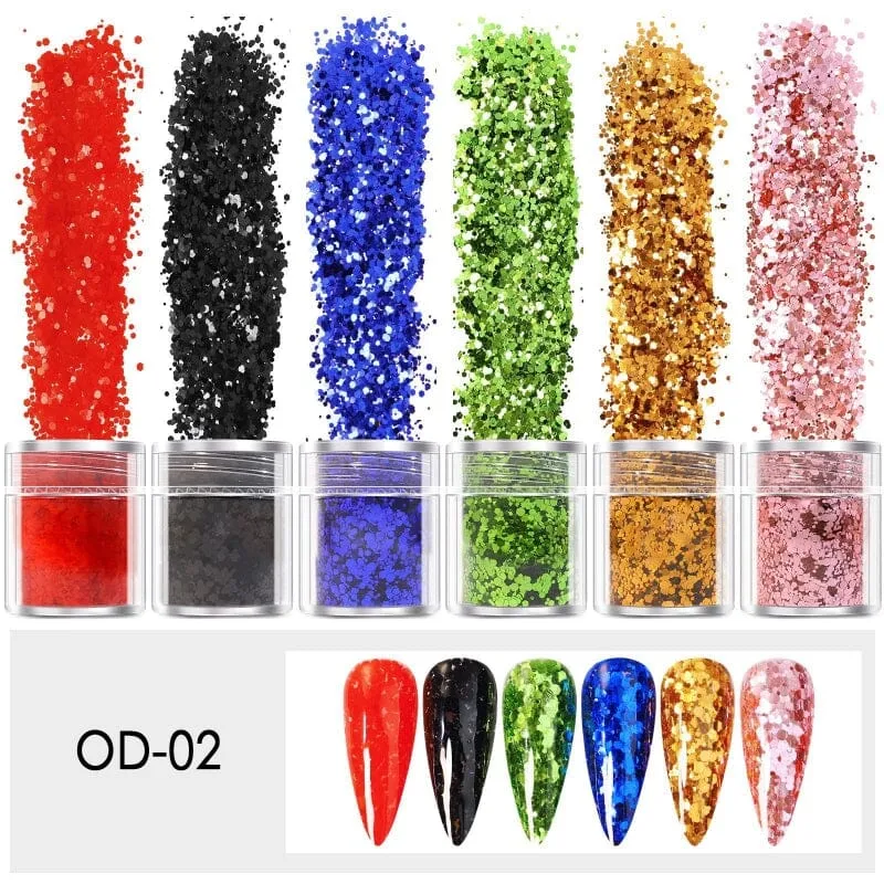 Mixed Colours and Shapes Nail Art Glitters - Set 6pcs Jar