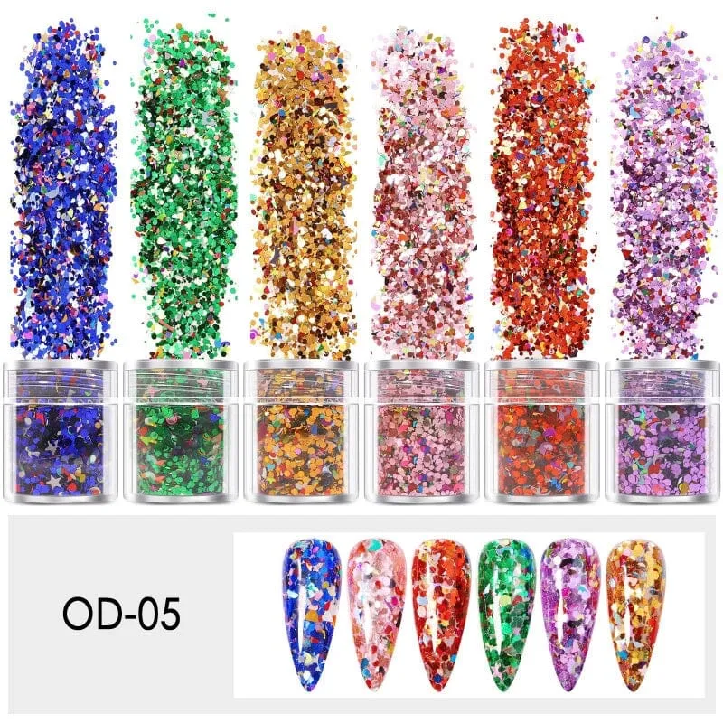 Mixed Colours and Shapes Nail Art Glitters - Set 6pcs Jar