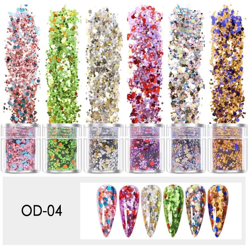 Mixed Colours and Shapes Nail Art Glitters - Set 6pcs Jar