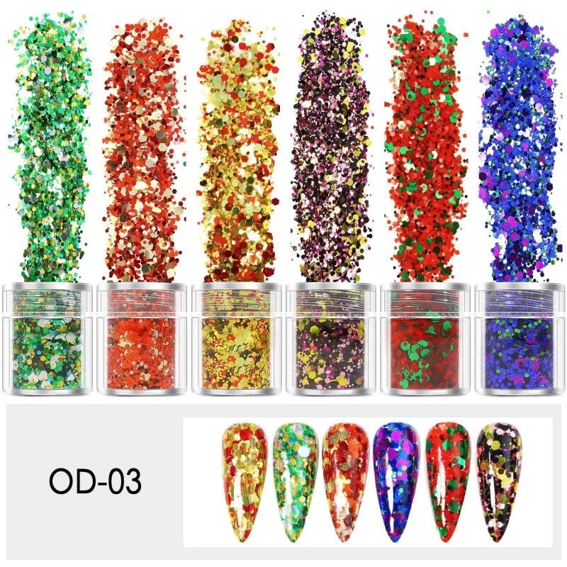 Mixed Colours and Shapes Nail Art Glitters - Set 6pcs Jar