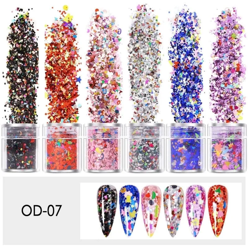 Mixed Colours and Shapes Nail Art Glitters - Set 6pcs Jar