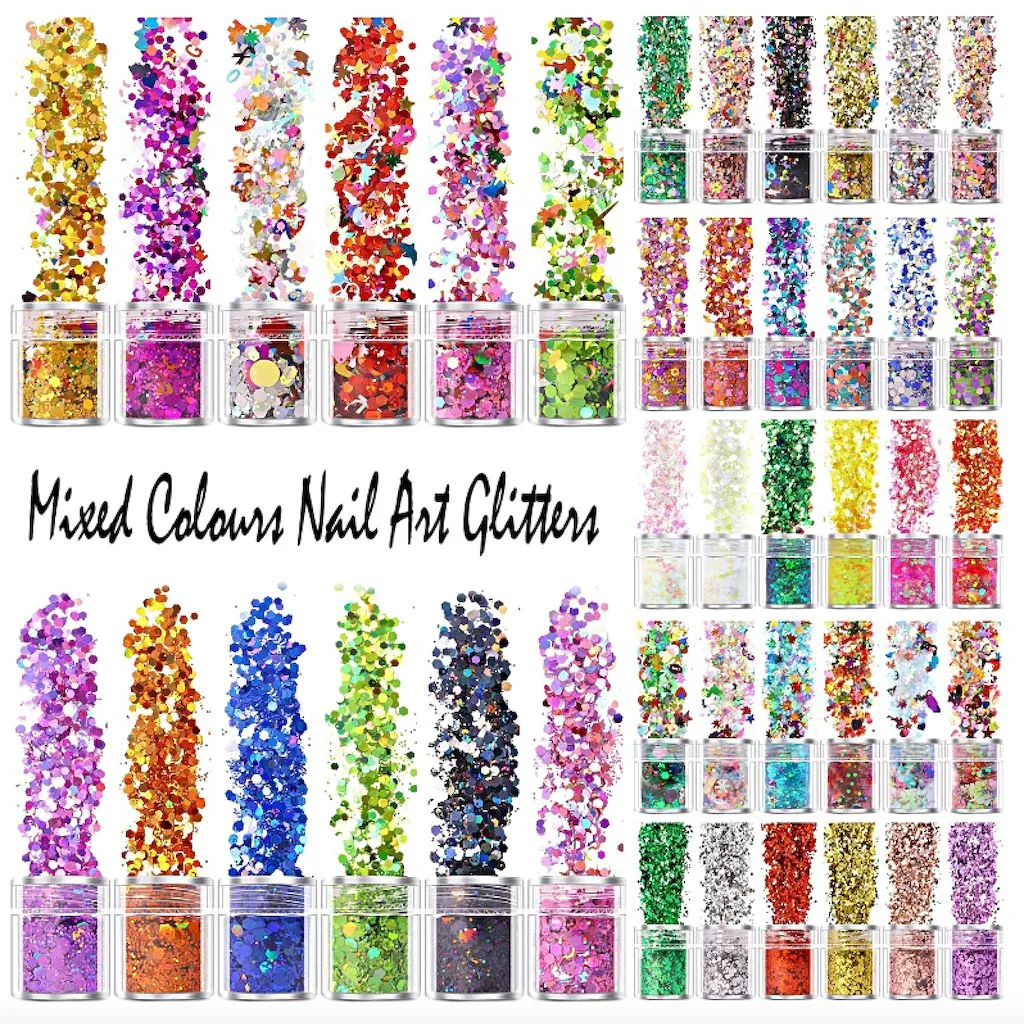 Mixed Colours and Shapes Nail Art Glitters - Set 6pcs Jar