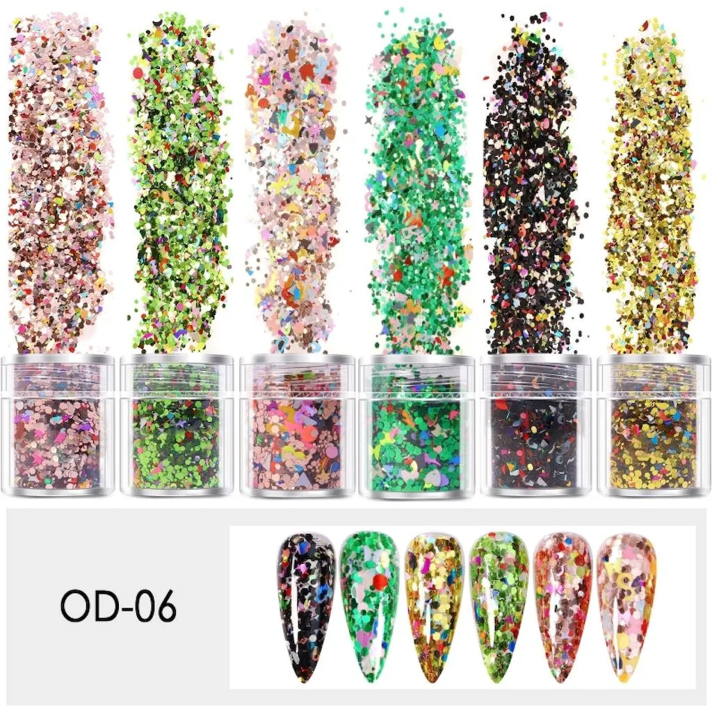 Mixed Colours and Shapes Nail Art Glitters - Set 6pcs Jar