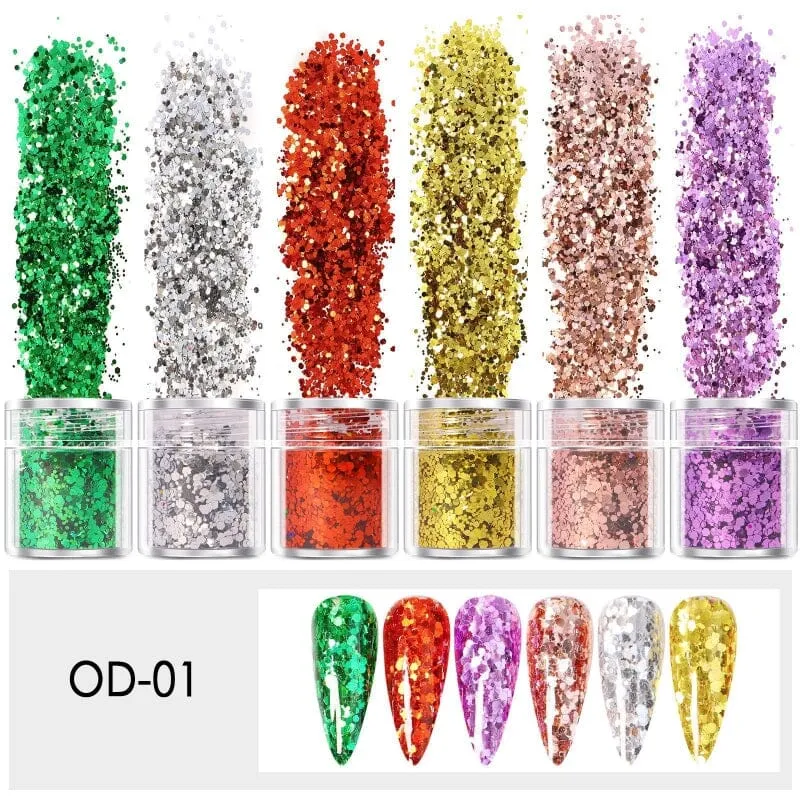 Mixed Colours and Shapes Nail Art Glitters - Set 6pcs Jar