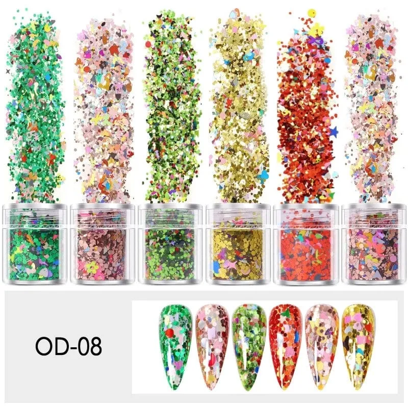 Mixed Colours and Shapes Nail Art Glitters - Set 6pcs Jar