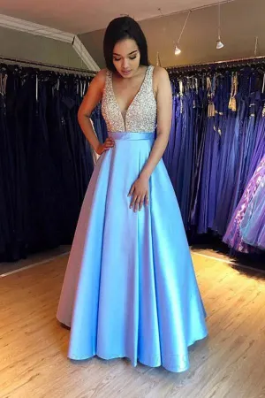 Modest V-neck Sleeveless Floor-Length Blue Prom Dress with Beading PSK081