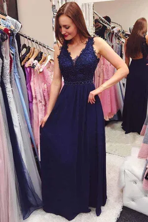 Navy Blue Beading Chiffon Long Prom Dress with Open Back PG828