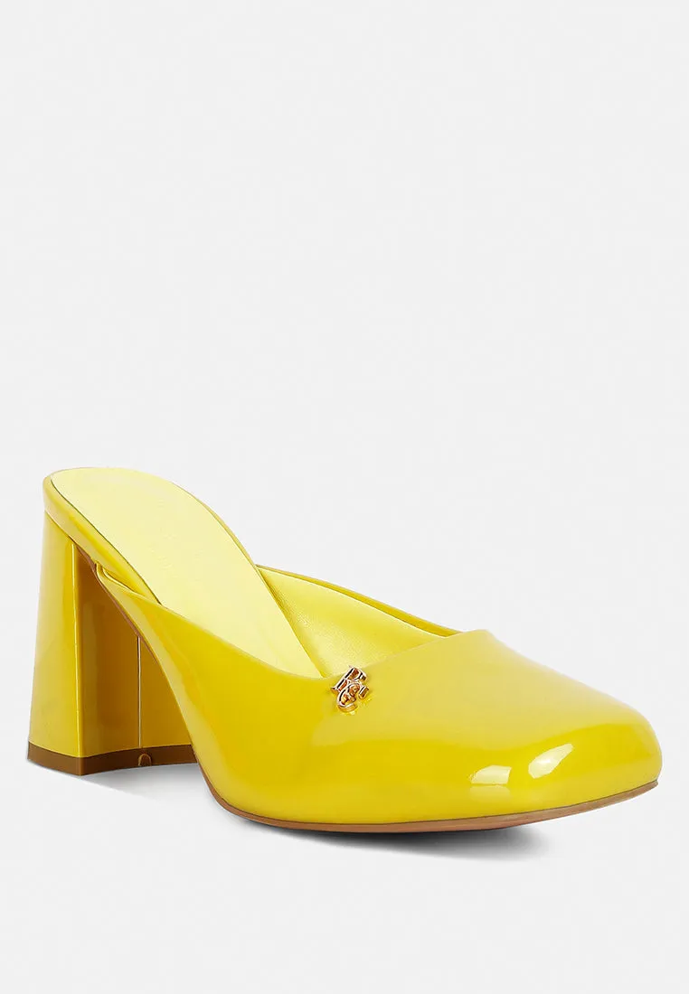 NEOPLAST Yellow Patent PU Block Heeled Mules