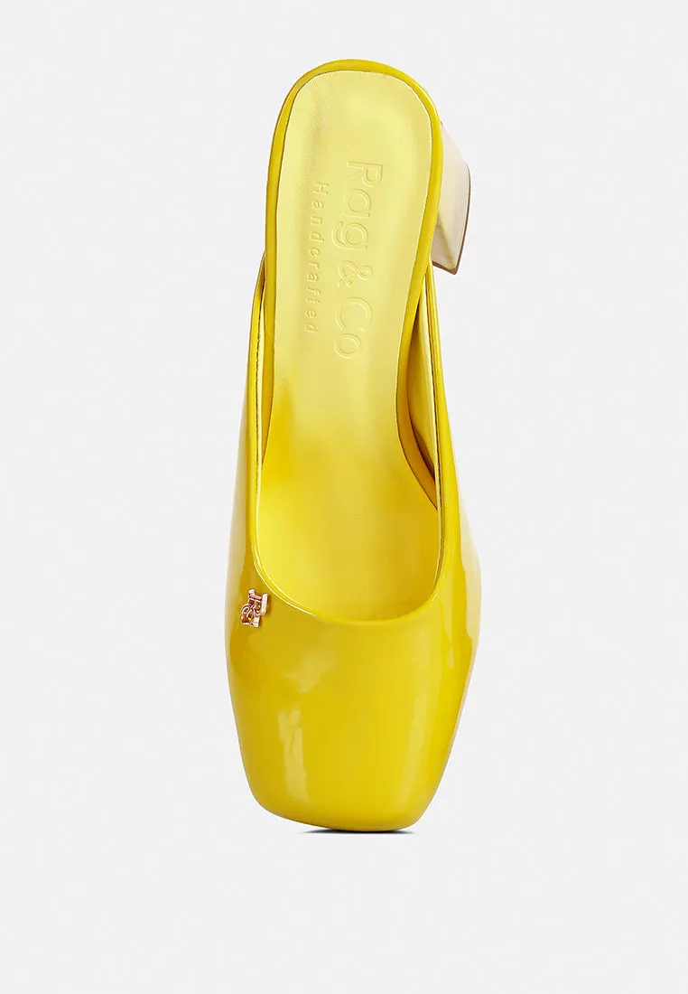 NEOPLAST Yellow Patent PU Block Heeled Mules