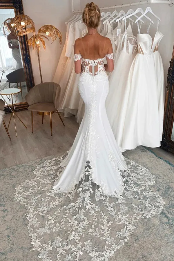 Off the Shoulder Mermaid Bridal Gown with Scalloped Lace Train Wedding Dress WD636