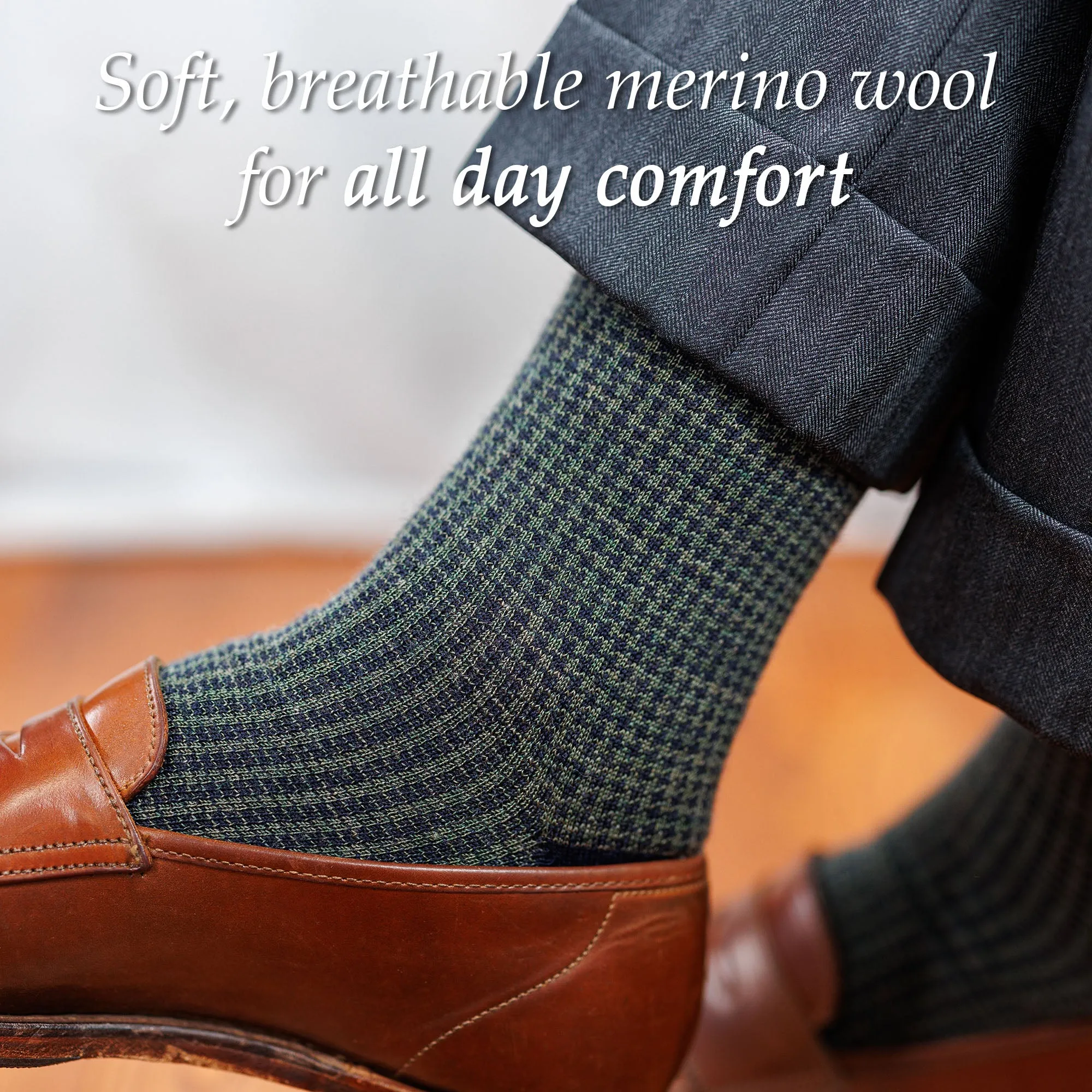 Olive and Navy Houndstooth Merino Wool Mid-Calf Dress Socks