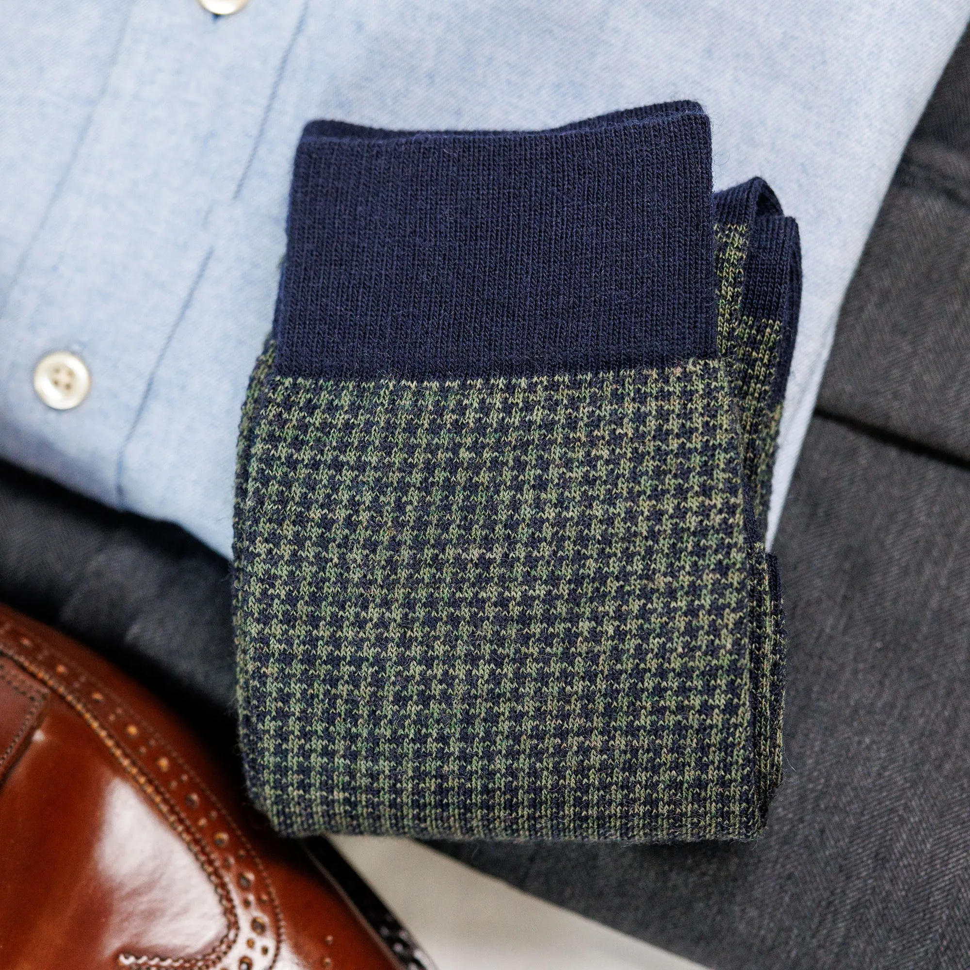 Olive and Navy Houndstooth Merino Wool Mid-Calf Dress Socks