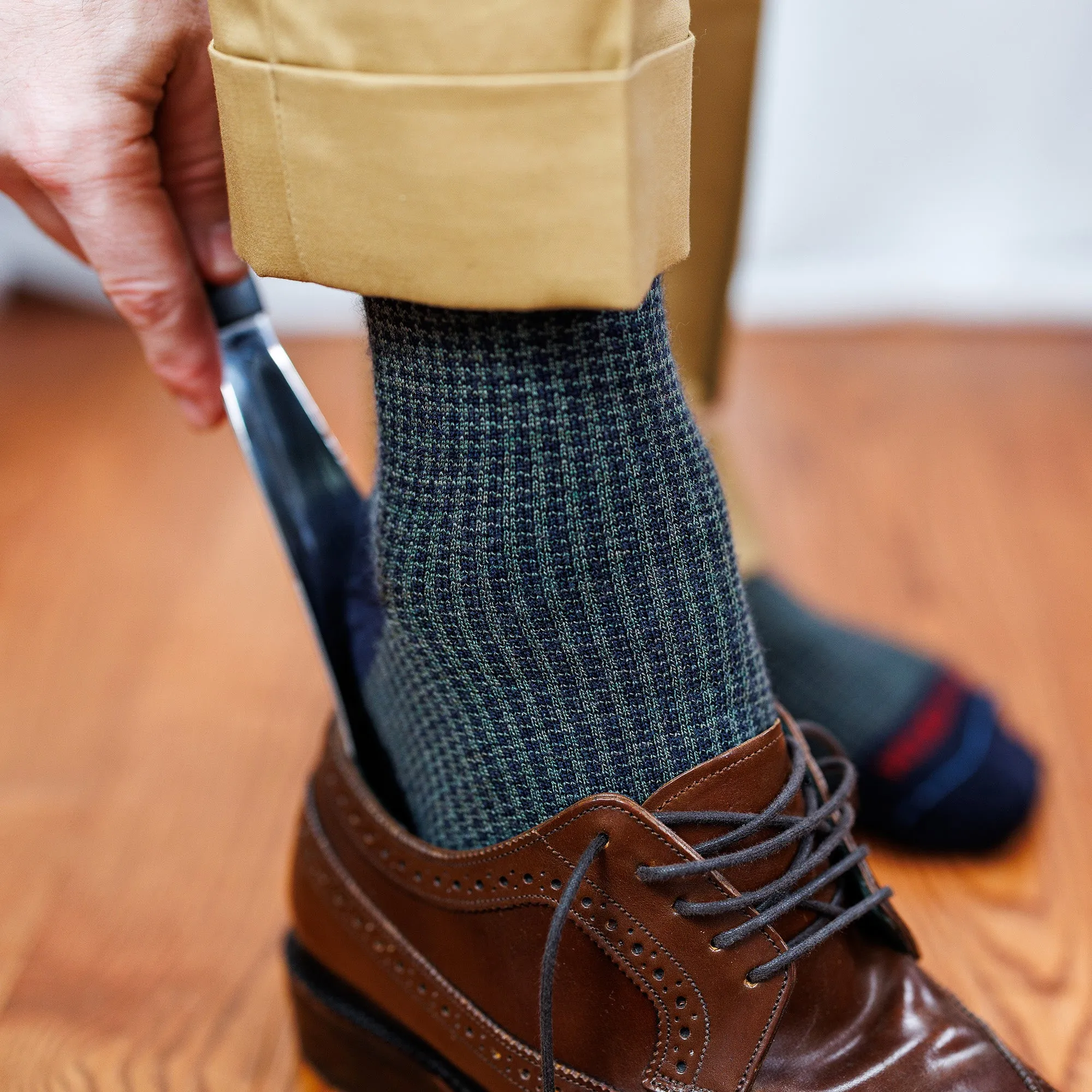 Olive and Navy Houndstooth Merino Wool Mid-Calf Dress Socks